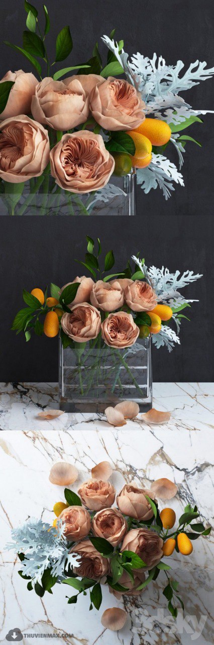 Bouquet of Austin&;s Roses, Kumquat and Dusty Miller plant