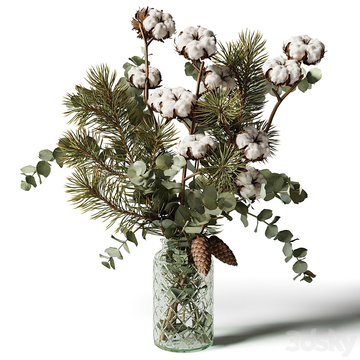 Bouquet of eucalyptus, pine and cotton in a glass vase