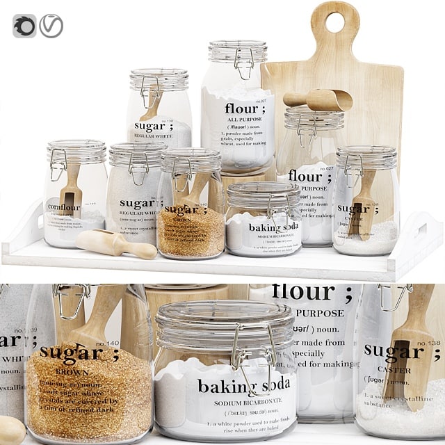 Set of glass jars for the kitchen with sugar and flour