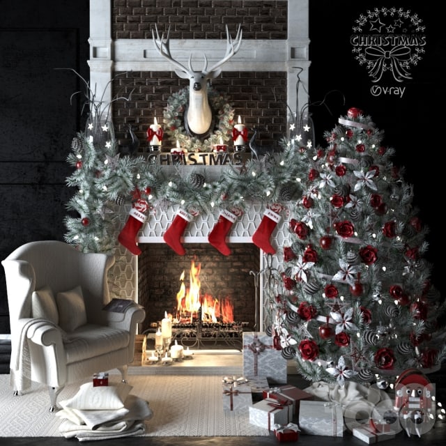 Christmas tree and decorations in a living room