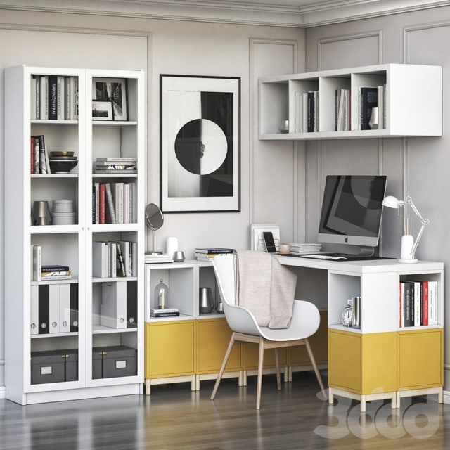 IKEA corner workplace with EKET storages and BILLY OXBERG bookcase