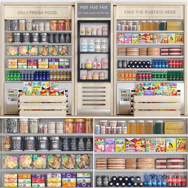 Grocery showcase in a supermarket in ethnic style with drinks and groceries