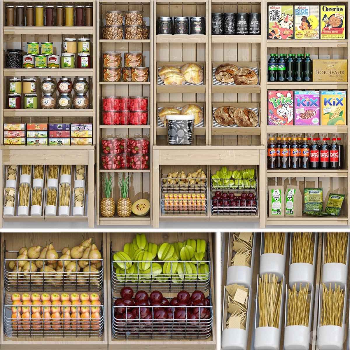 Showcase in the supermarket with food, juices and spices 5