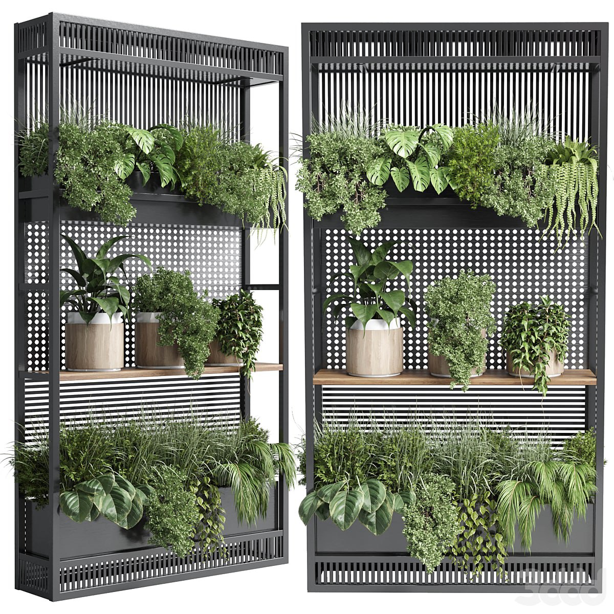 stand plant metal vase with three wooden pots