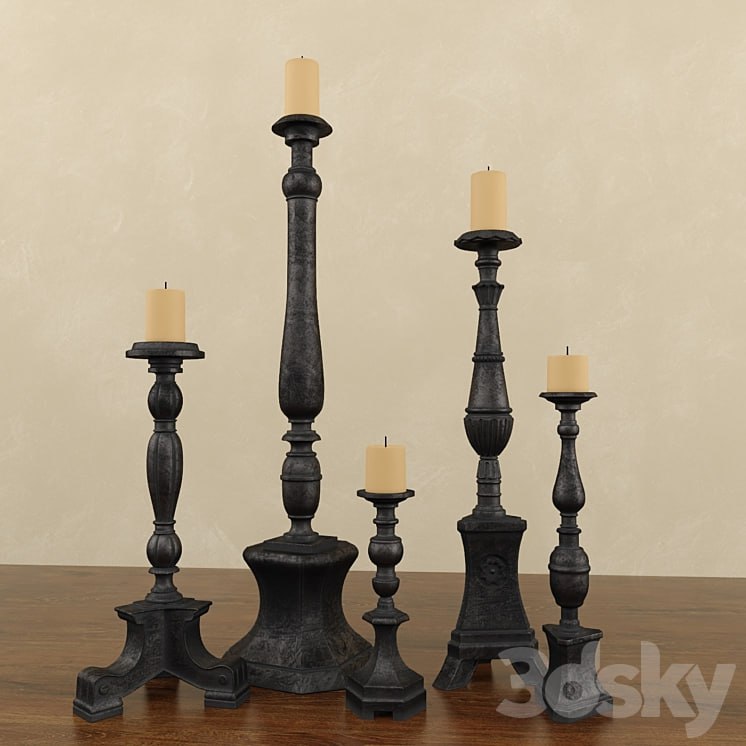 Florentine Carved Wood Candlesticks Black