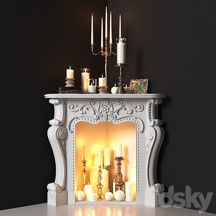 Corner fireplace with candles. Decorative set