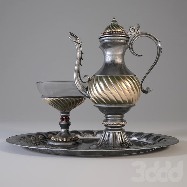 oriental pitcher with bowl and tray