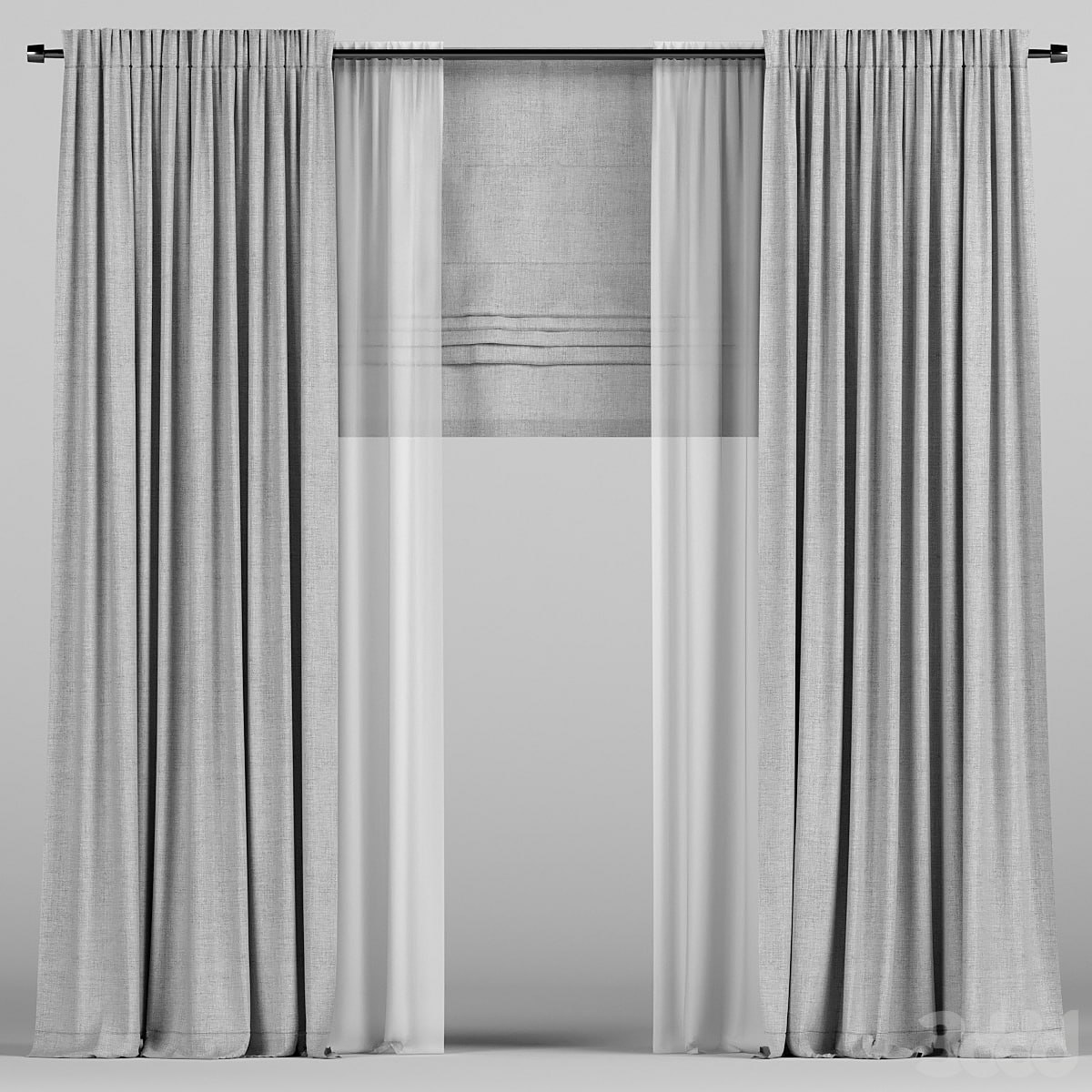 Gray curtains with tulle and a roman curtain
