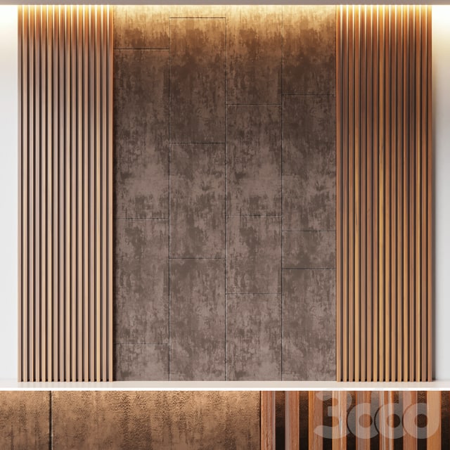Decorative wall panel made of oak battens and beige velveteen