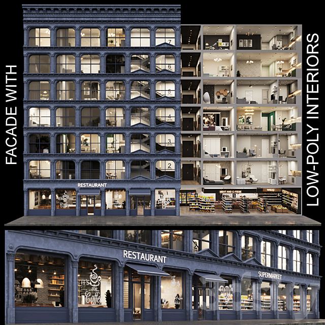 Facade with 20 residential and public low-poly interiors ,