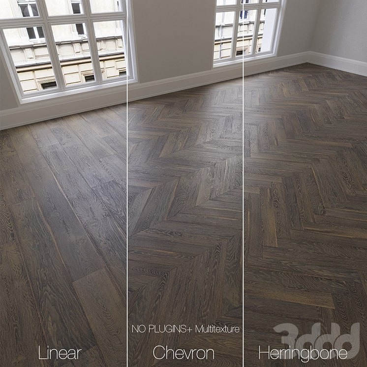 Parquet natural, Brown oak, 3 types. Linear, chevron, herringbone.