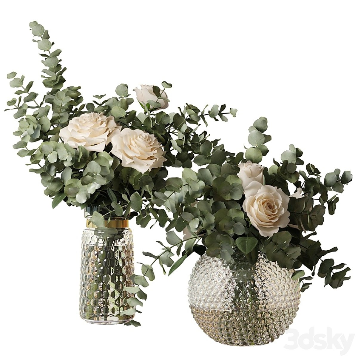 [TetianaGureva](https://t.me/TetianaGureva) Two bouquets of roses and eucalyptus branches in glass mottled vases