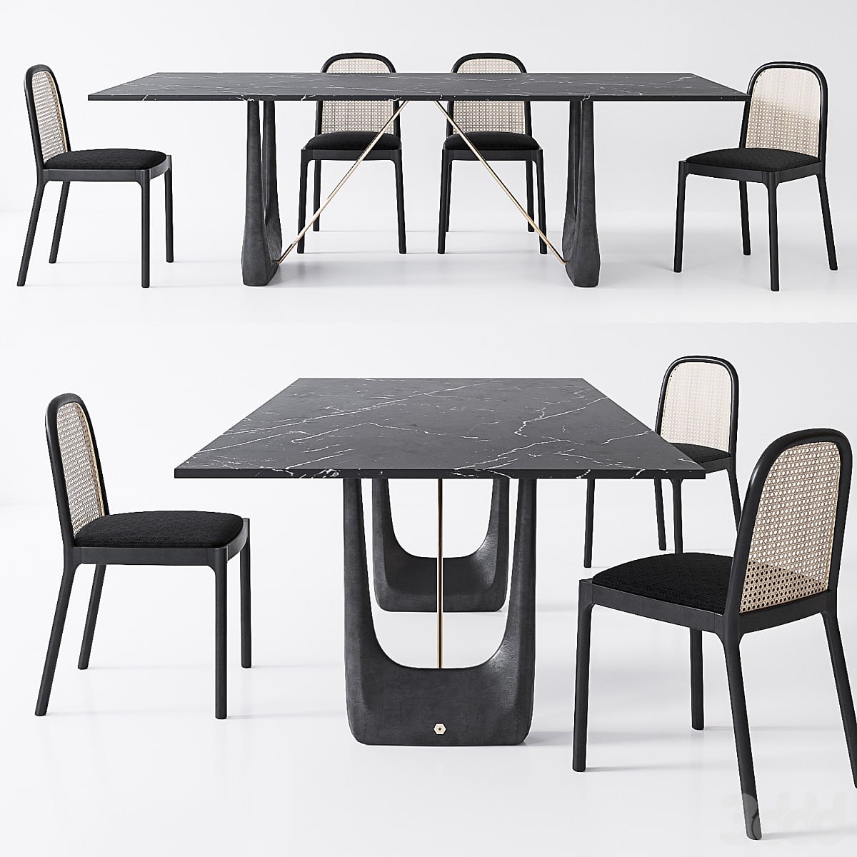 CB2 Nadia Cane chair, Rocco Rectangular marble dining table