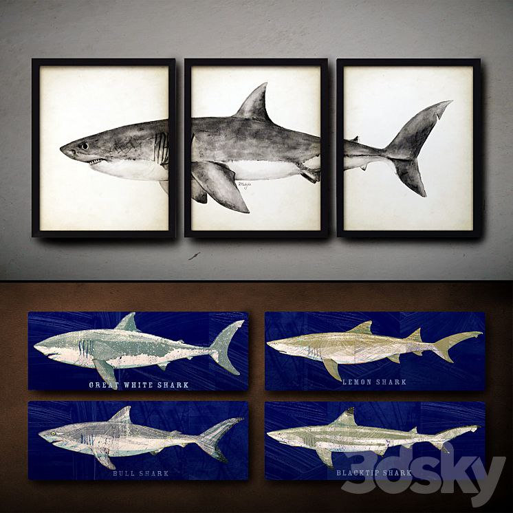 Wooden panels. 37. Collection of marine theme. Sharks