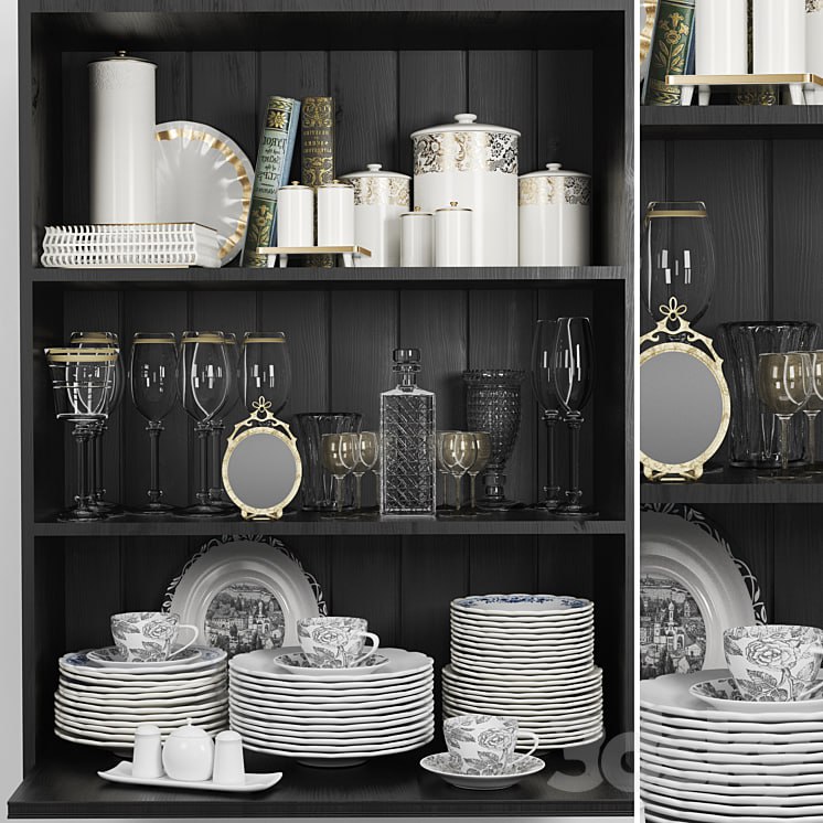 Wardrobe with a set of dishes and a crystal service in a classic style