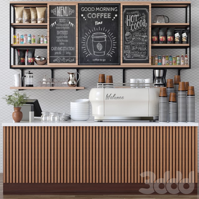 Design project of a cafe in ethnic style with a coffee machine and accessories on the shelves