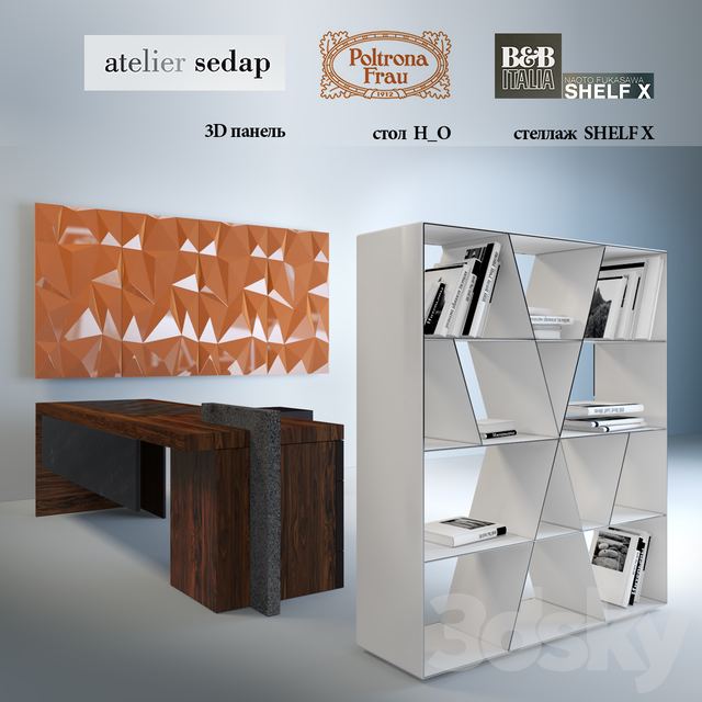 Table, 3D panel, shelving books