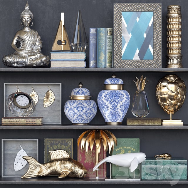 Shelf with a decorative set. Decor, vase, porcelain, book, jewelry box, gold, panel, clock, figurine