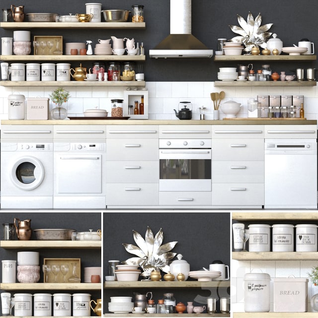 Kitchen. Kitchen design project, kitchen appliances, dishwasher, washing machine, oven, extractor hood, dishes, decor