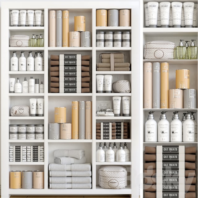 Closet with a collection of white cosmetics. Make-up, cream, lotion, towel, cosmetic bag, soap, shampoo