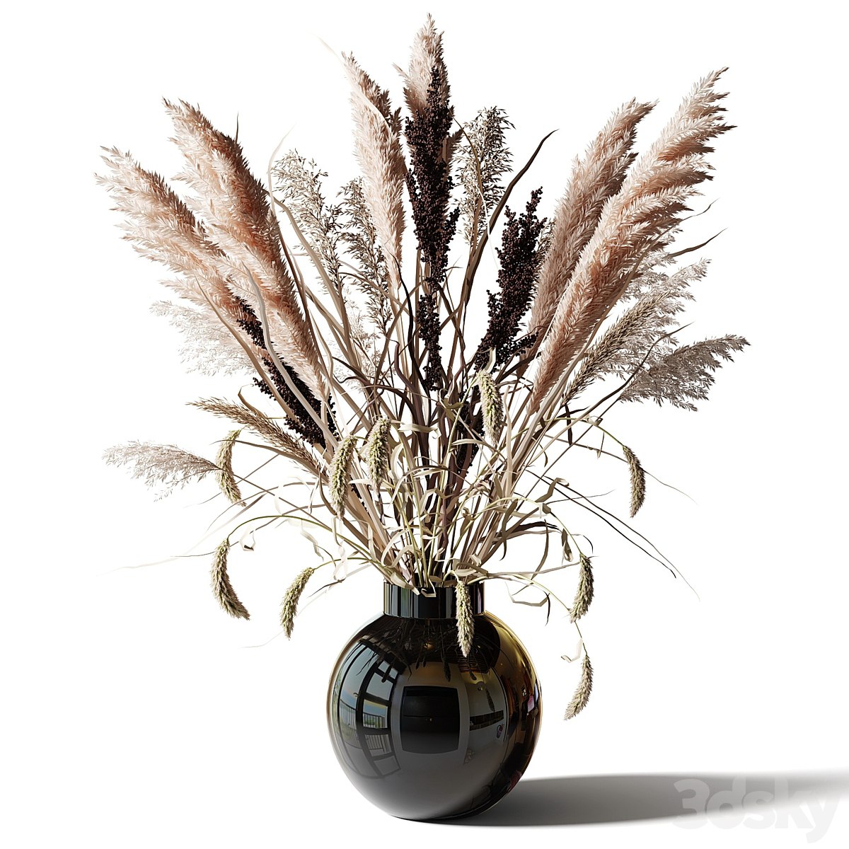 Bouquet of tall dry grass in a black vase