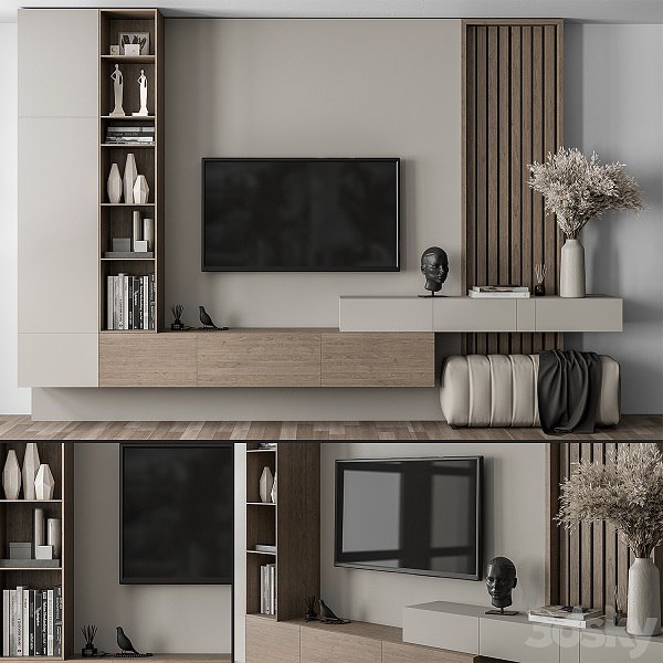 TV Wall Gray and Wood with Hallway Cabinet - Set 37
