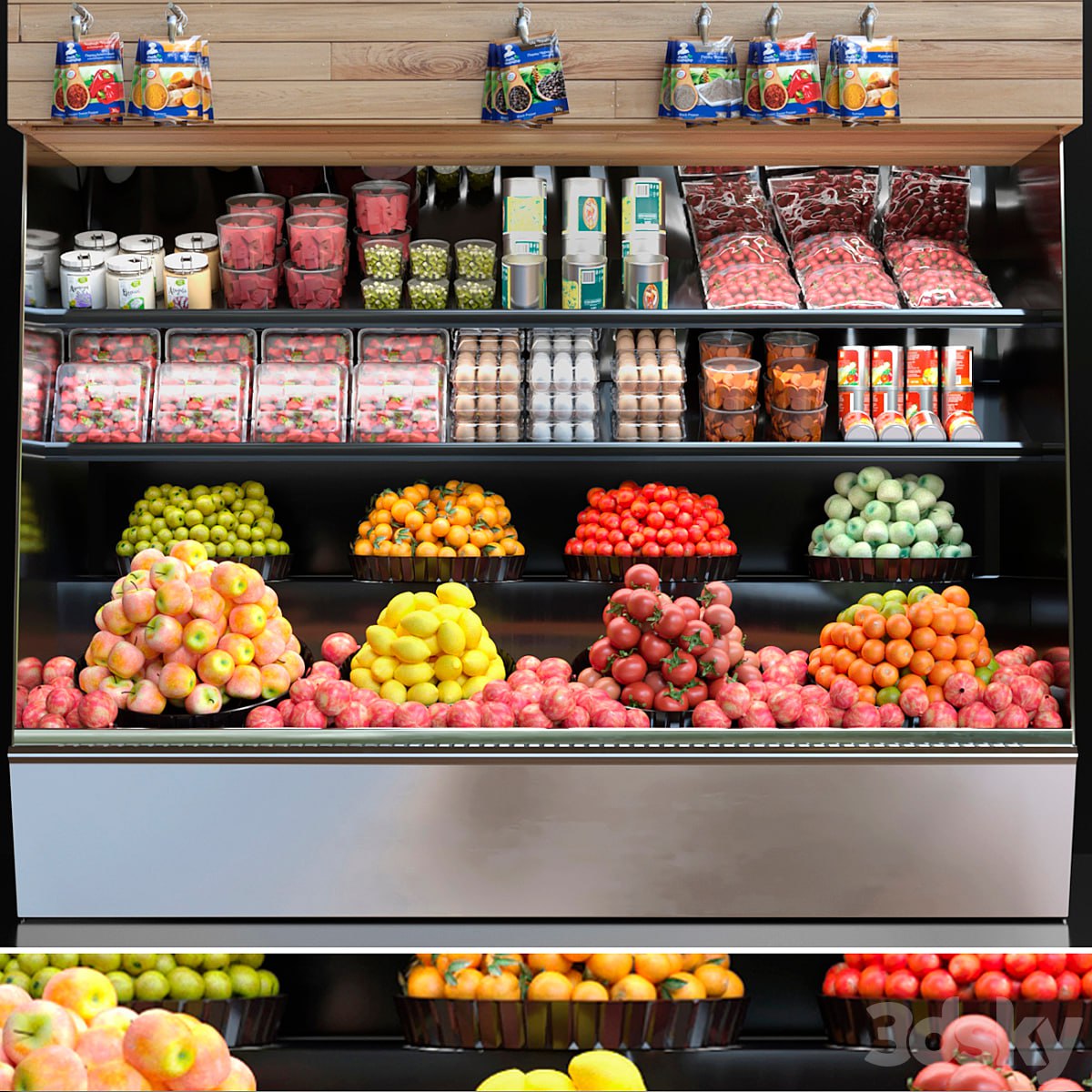 Showcase in a supermarket with fruits and vegetables. Fruits and vegetables