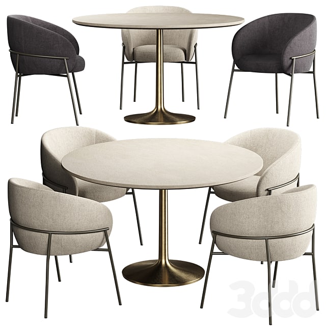 RIMO Chair Brown Marble Dining Table with Brass Base