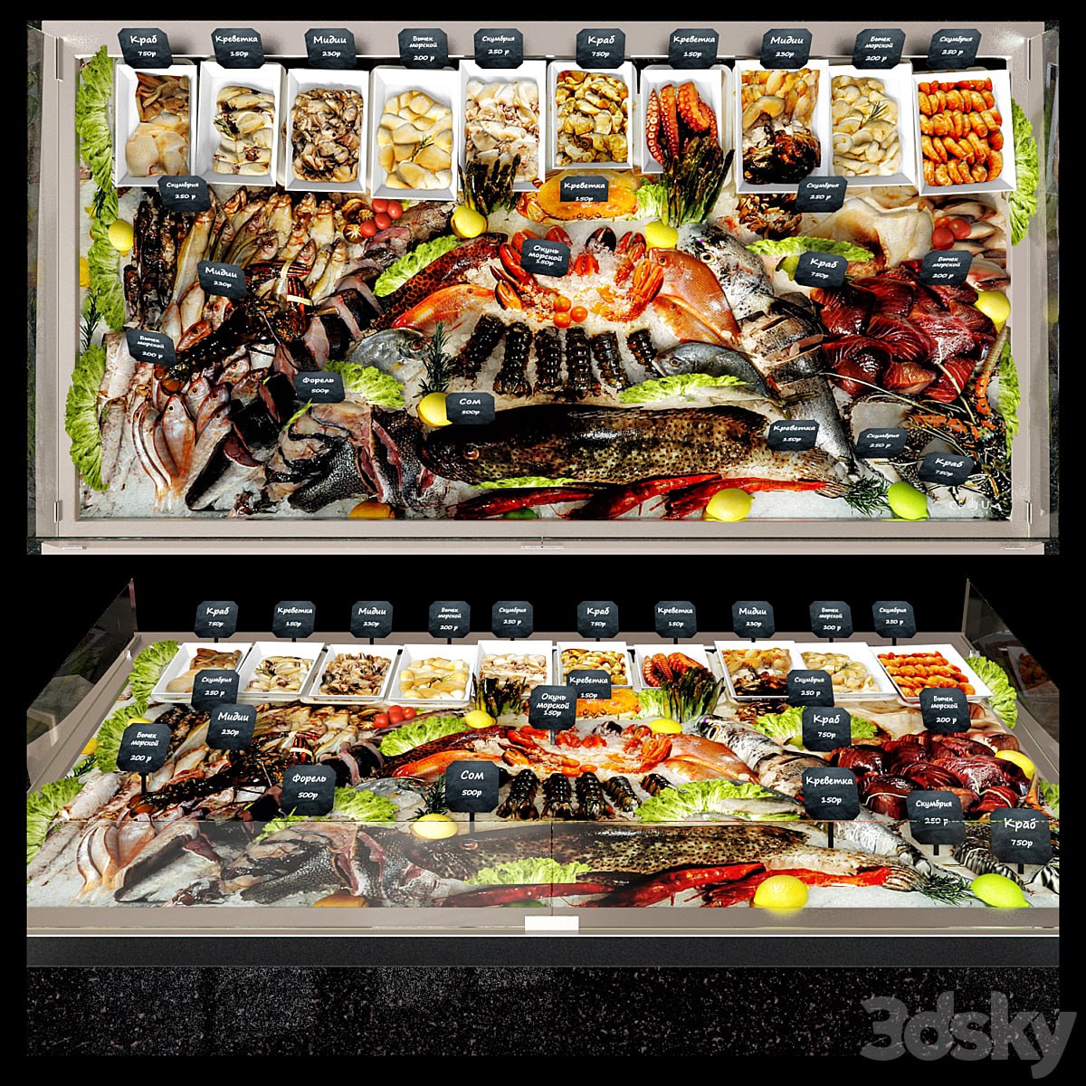 Showcase with seafood #