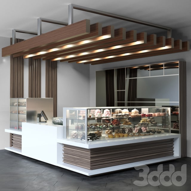 Design project of a coffee point with a confectionery showcase and desserts. Cafe