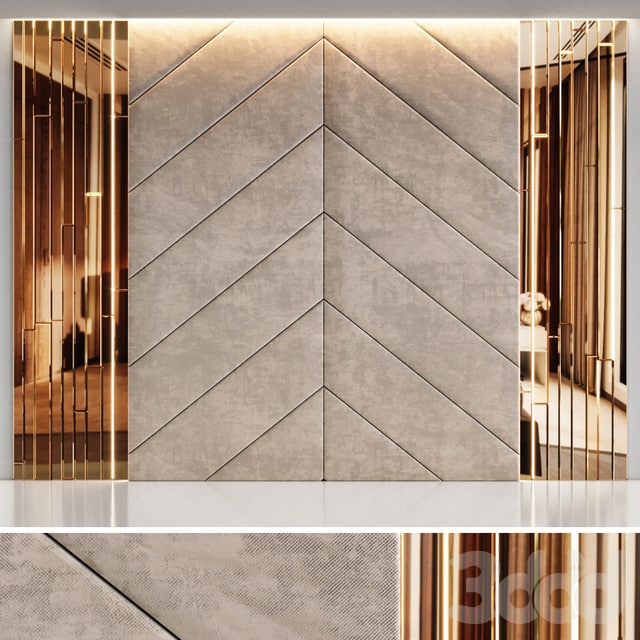 Headboard made from beige panels and gold planks