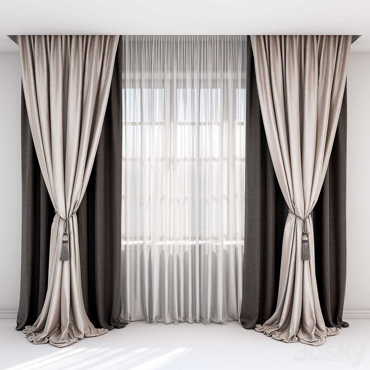 Curtains with pick-up - a brush and straight curtains in brown-beige tones