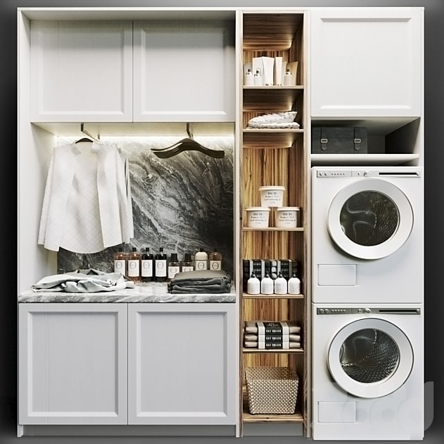 Laundry room in white with household appliances, cosmetics and clothes 8