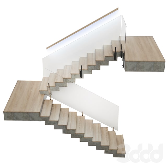 Staircase made of wood and concrete with built-in LED handrail lighting