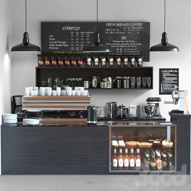 Cafe in minimalist style with a refrigerator with sweets and low-alcohol drinks