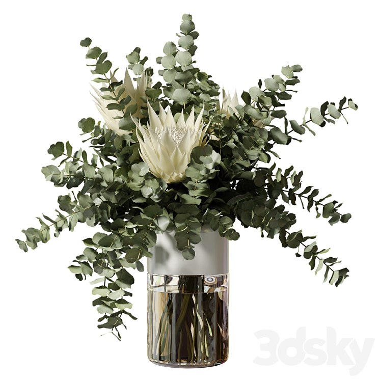 Bouquet with three white proteas and eucalyptus branches in a glass vase -style