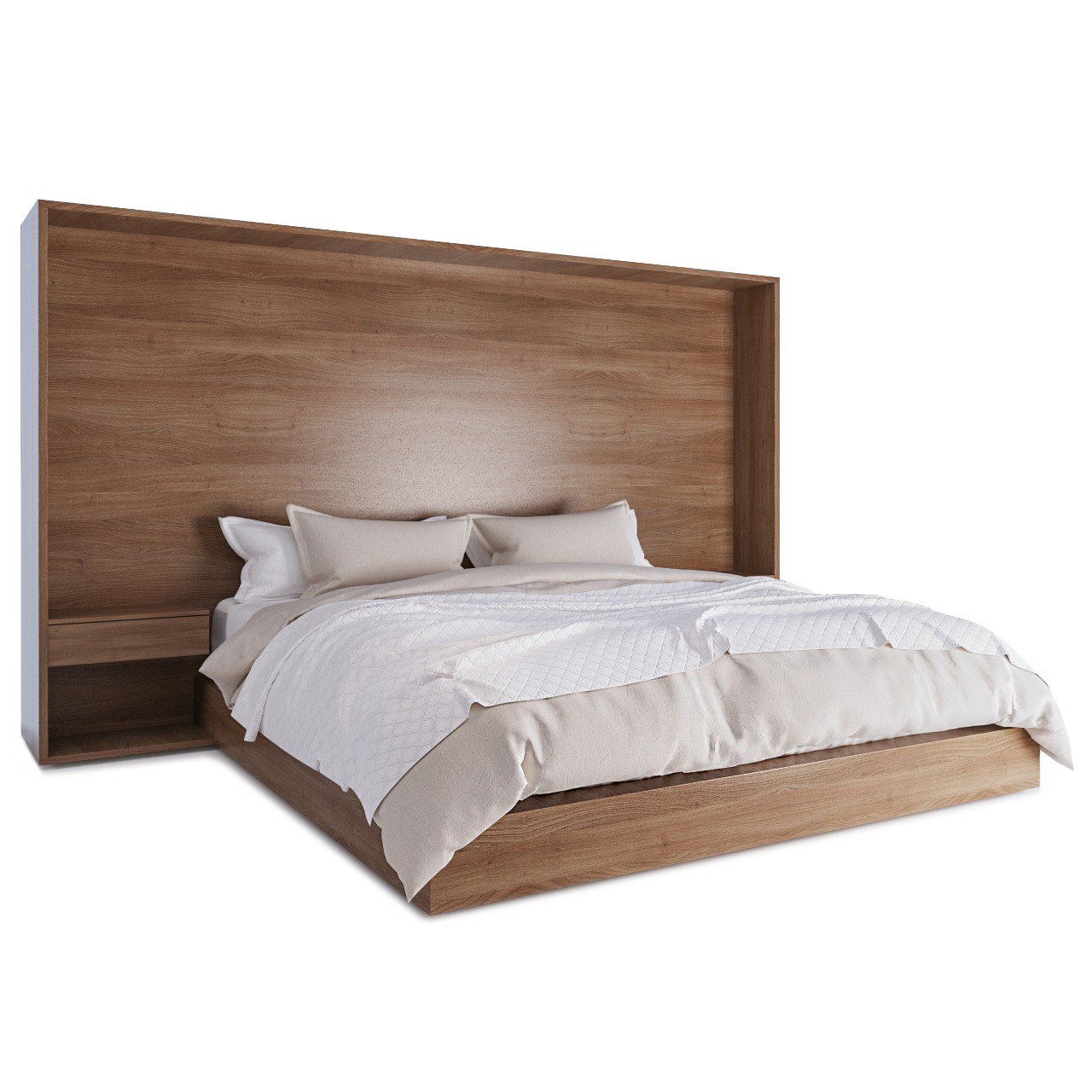 Bed with wooden headboard