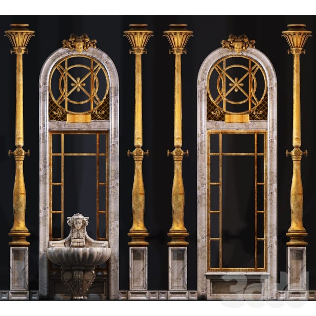 Wall with molded decoration elements and columns #