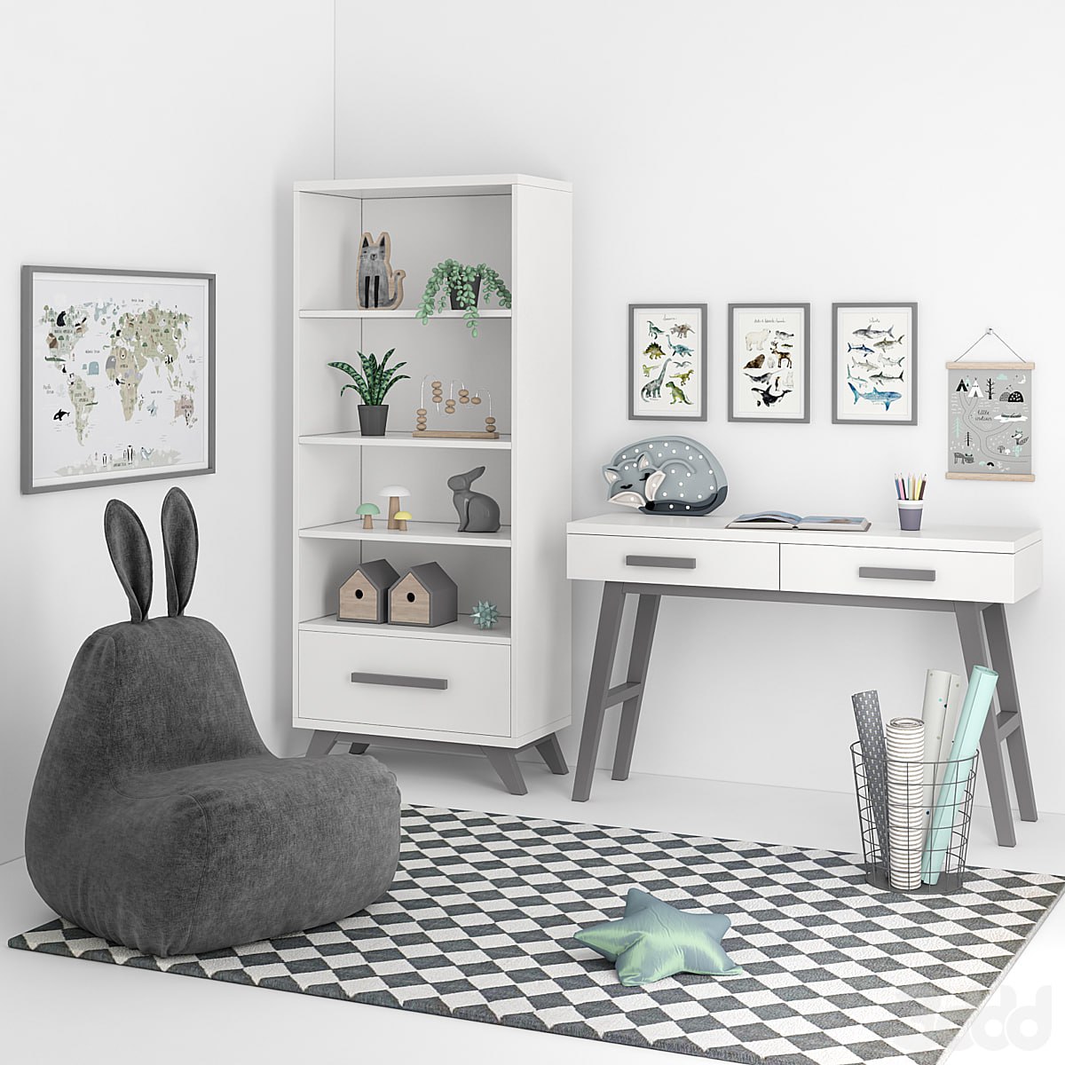 A set of furniture with a padded chair for a nursery