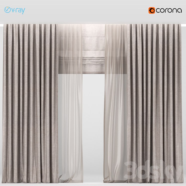 Brown curtains with brown tulle + Roman blinds.