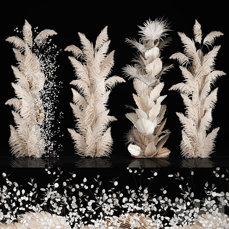 Eco-style wedding decorations made of columns of dried flowers and pampas grass, Cortaderia, cranberry, dry, palm branch for decoration of celebrations. Bouquet 289.