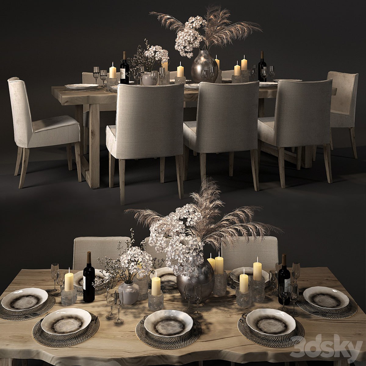 Table with slabs with Pottery Barn chairs and Crate and Barrel
