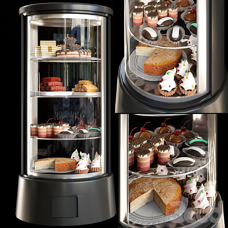Refrigerator with desserts and sweets for shops or cafes. Confectionery