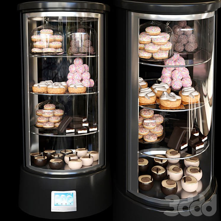 Refrigerator in a cafe with desserts and various sweets 2. Confectionery shop