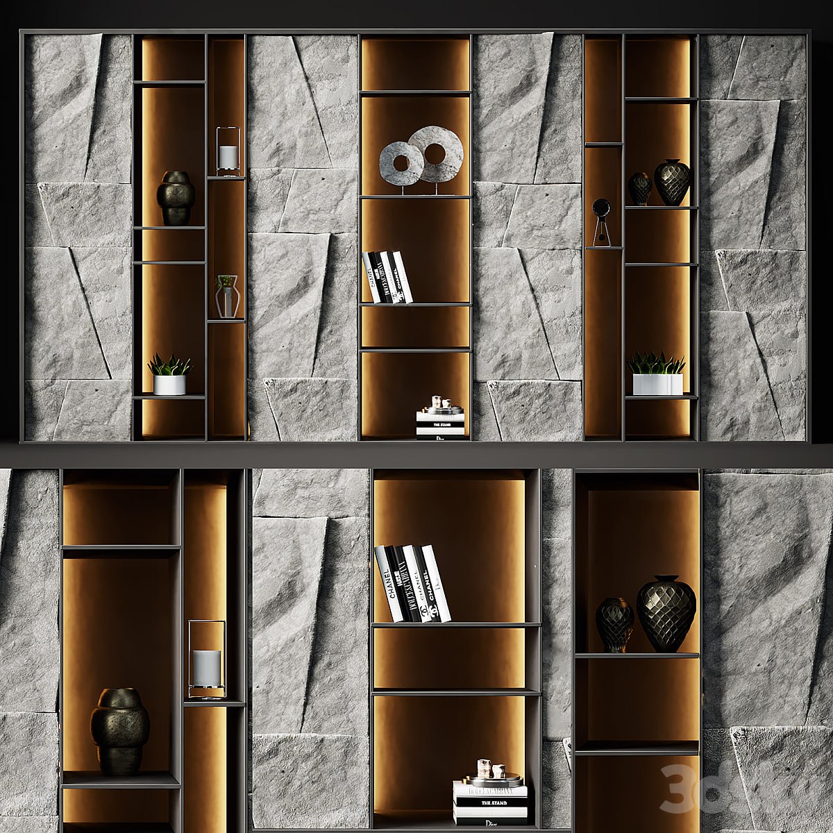 Shelving with stone panels