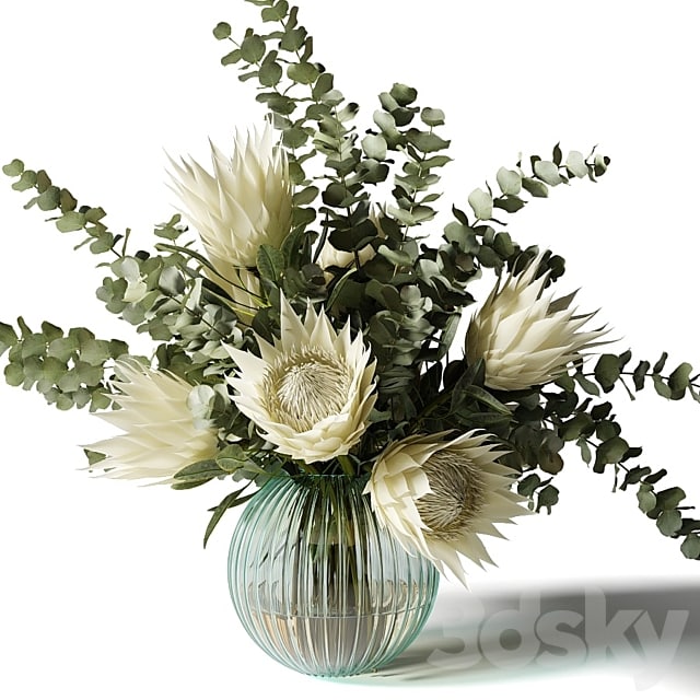 Bouquet with white proteas and eucalyptus in a ribbed glass vase -style