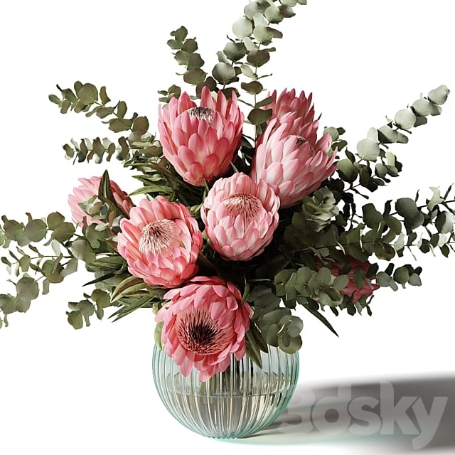 Bouquet with pink proteas and eucalyptus in a ribbed glass vase -style