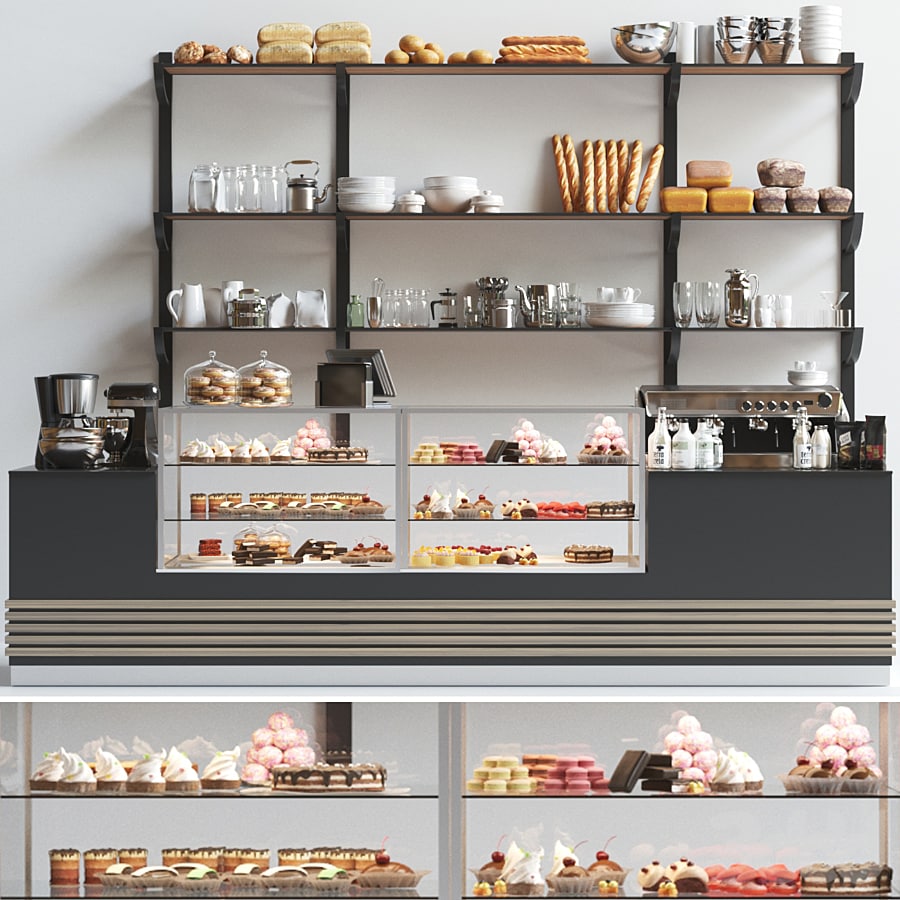 Cafe design 2. Coffee machine, coffee, coffee beans, dessert, sweets, rack, chocolate