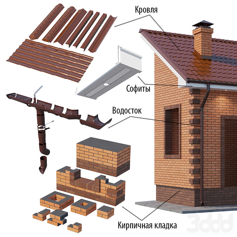 Set of elements to create a brick house