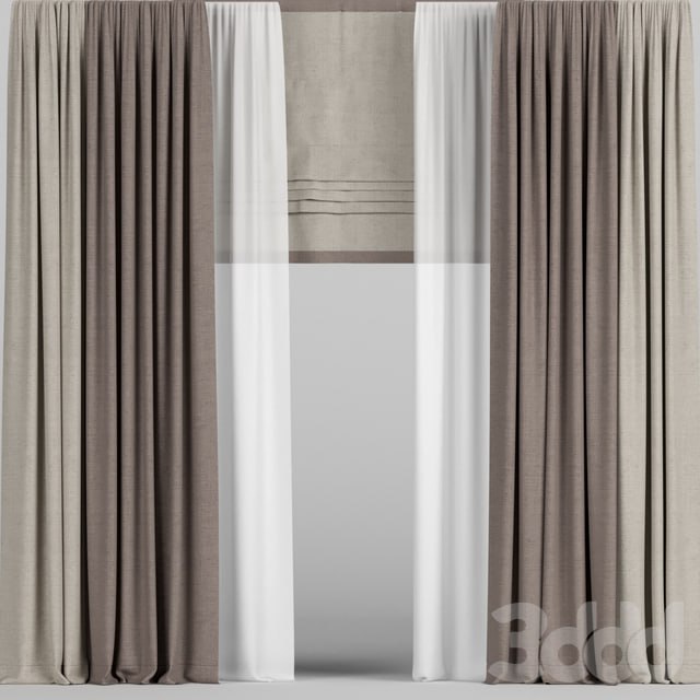 Curtains in two colors with tulle and roman blinds.